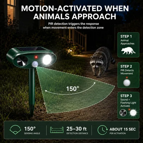 Vista 5 de 0601 Sonic Fortress Pro - Dispositivos repelentes de ciervos, repelente solar ultrasónico de animales con sensor de movimiento y luz de flash, carga