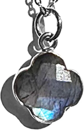 Vista 10 de Genuine Gemstone Necklace, Carved Four Leaf Clover Shape, Amethyst, Moonstone, Amazonite, Tourmaline, Labradorite, 925 Sterling Silver Jewelry