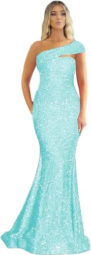 Vista 7 de Vestido de fiesta de sirena con lentejuelas de un hombro, largo, brillante, sin mangas, vestido formal de noche para boda, fiesta