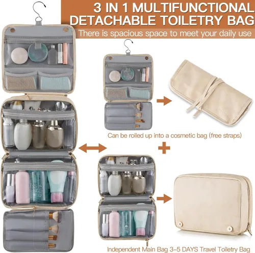 Vista 4 de Elviros Neceser colgante para hombres y mujeres, 3 en 1, organizador de viaje grande impermeable de piel sintética, bolsa de maquillaje dopp kit