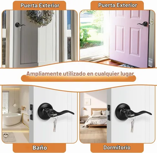 Vista 6 de Probrico Manijas de puerta de entrada de color negro mate con diferentes llaves, manijas de puerta de estilo ondulado para puertas interiores