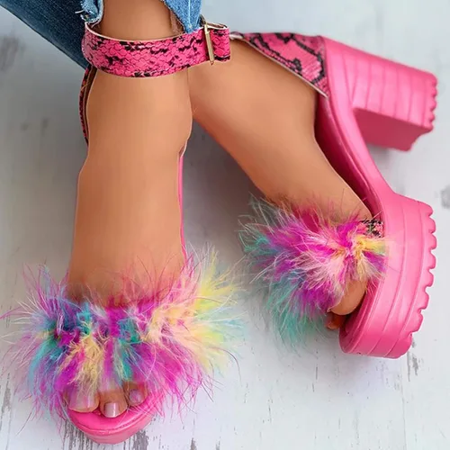 Vista 3 de Sandalias de verano casuales para mujer, sandalias de plataforma para caminar, sandalias de tacón alto grueso, sandalias con correa y plumas