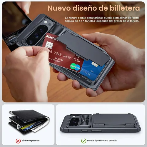 Vista 8 de CENMASO - Funda para Google Pixel 9 Pro XL con tarjetero (4 tarjetas), funda deslizante para cámara y función atril, bloqueo RFID, protección