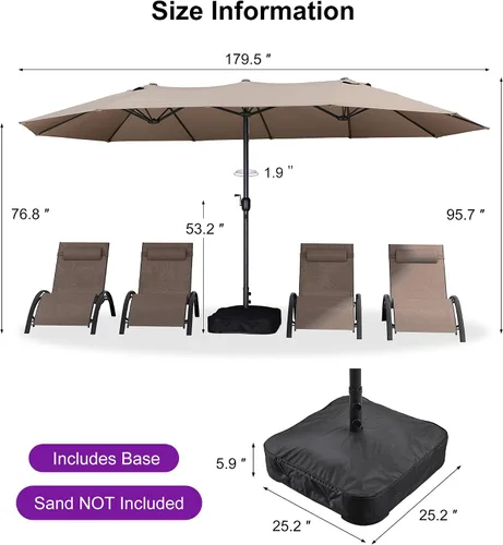 Vista 108 de PURPLE LEAF - Sombrilla de mercado de patio de 13 pies con base rectangular doble cara, sombrilla de mesa para exteriores con manivela, 12 varillas