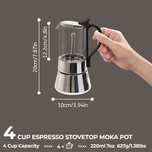 Vista 2 de Olla de vidrio transparente para 4 tazas, 7.4 fl oz, cafetera de acero inoxidable, sin recubrimiento, cafetera de café expreso, estilo italiano