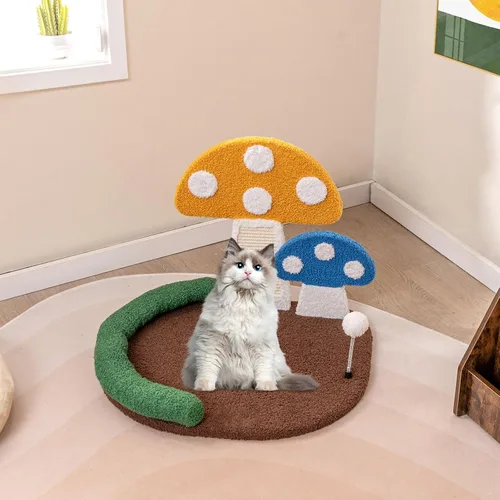 Vista 2 de Tangkula Cama para Gatos en Forma de Seta, Rascador para Gatos con Plataforma Amplia y Elevada, Panel de Rascado de Sisal, Bola de Resorte