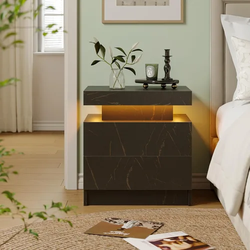 Vista 4 de Juego de 2 mesitas de noche con 2 cajones de madera, moderna mesita de noche LED para dormitorio