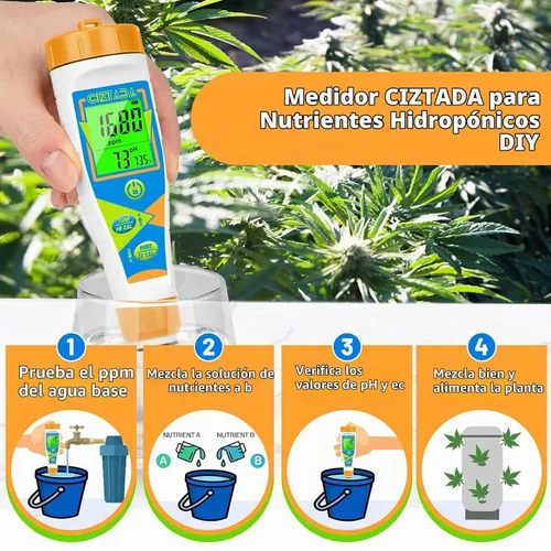 Vista 5 de Probador digital de pH para agua pH EC PPM medidor para nutrientes hidropónicos con solución de calibración 1413μs/cm pH conductividad TDS Medidor