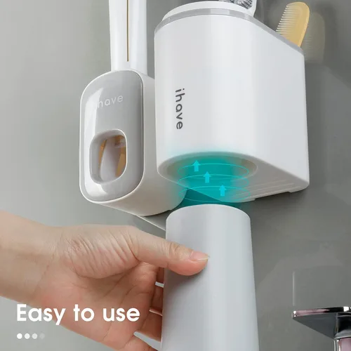 Vista 6 de iHave - Soporte para cepillos de dientes montado en la pared con dispensador automático de pasta de dientes, 2 tazas de soportes para cepillos