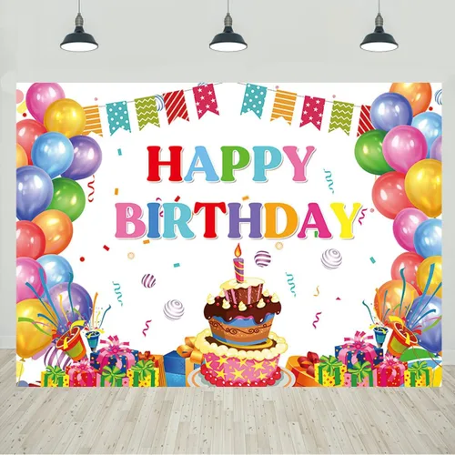 Vista 10 de Cartel de feliz cumpleaños, telón de fondo de globos coloridos para fiestas de niños, pasteles de colores grandes, fotografía, telón de fondo