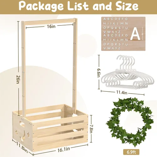 Vista 3 de Cesta grande de regalos para baby shower, caja de madera, colgadores de letras de madera personalizadas para bebé recién nacido niña niño, regalos