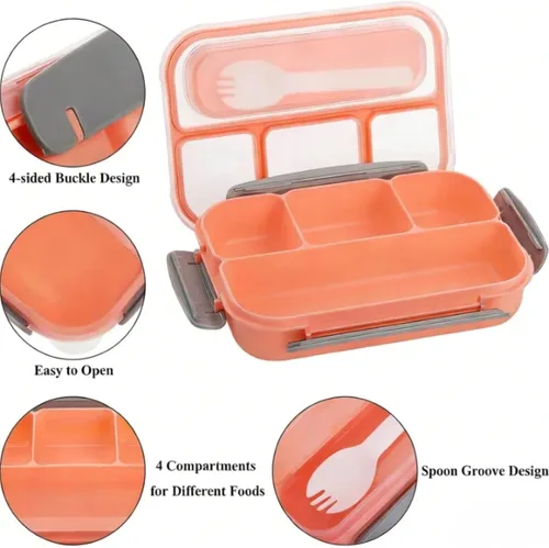 Vista 3 de Okllen Paquete de 3 loncheras Bento con cuchara y 4 compartimentos, recipientes de plástico para preparación de comidas con tapas, contenedor