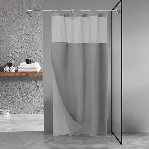 Vista 20 de N&Y HOME - Juego de cortina de ducha de punto gofre, forro de tela a presión y ganchos, para ducha pequeña, estilo hotel, ventana superior de malla