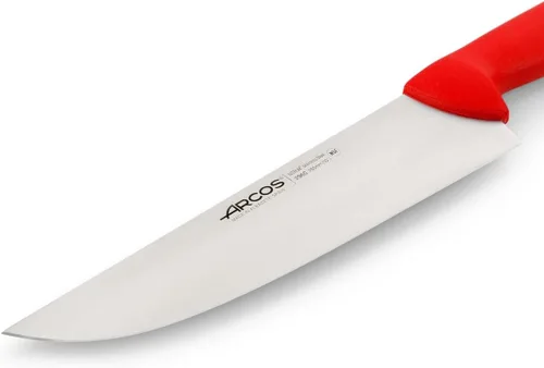 Vista 3 de Arcos Cuchillo de carnicero de acero inoxidable de 9 pulgadas. Cuchillo de cocina profesional para cortar carne, pescado y verduras. Mango Rojo
