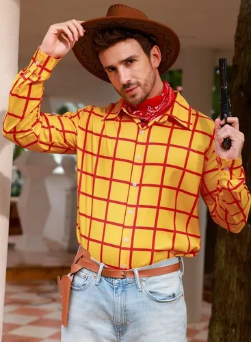 Vista 2 de Arvilhill Disfraz de Halloween para adultos, camisa de vaquero a cuadros con botones para hombre