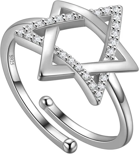 Vista 41 de Jewmon Anillo de plata de ley con estrella de David para mujer – Anillo ajustable Magen David – Amuleto Wicca – Regalos judíos