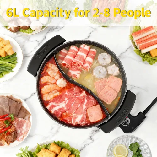 Vista 2 de Food Party Olla Caliente Eléctrica con Divisor Hotpot Olla Eléctrica Hopot Cocinador Shabu Shabu Olla 110V 1200W Antiadherente 6-Quart Libre de BPA