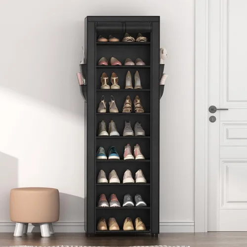 Vista 2 de Zapatero con cubierta, organizador de zapatos estrecho con 4 bolsillos laterales, estante alto de 10 niveles, almacenamiento para 18-22 pares