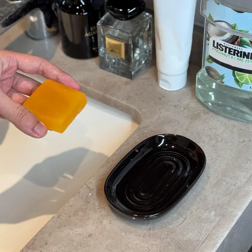 Vista 4 de Jabonera, Jabonera de Cerámica con Patrón de Mármol para Ducha, Bandeja Ahorradora de Jabón para Baño, Fregadero de Cocina y Tocador, Soporte Negro