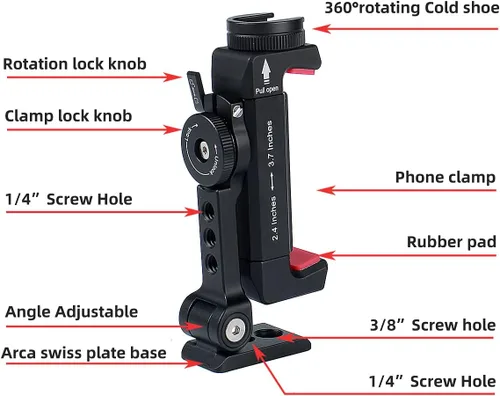 Vista 3 de Soporte de trípode de metal para teléfono con zapata fría giratoria para soporte de micrófono, compatible con iPhone y Android, adaptador de trípode