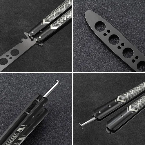 Vista 8 de GOOD WORKER Entrenador de Mariposa - Práctica Balisong Cuchillos de Mariposa NO Reales NO Hoja Afilada - Diseño Genial - Mariposa Negra Sin Brillo