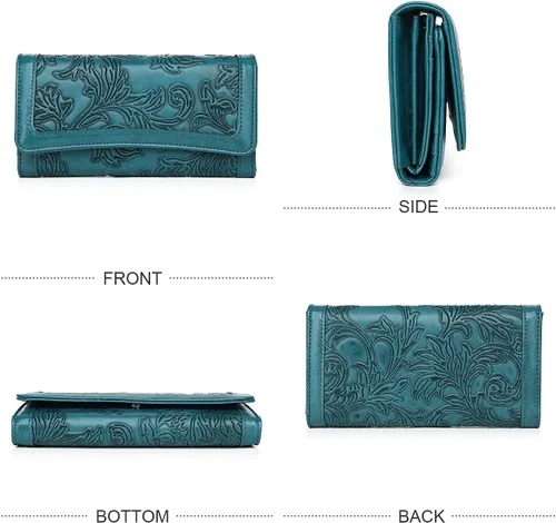 Vista 54 de MEITRUE Cartera de cuero para mujer, con bloqueo RFID, triple pliegue, con relieve, soporte para tarjetas, organizador de chequera para teléfono