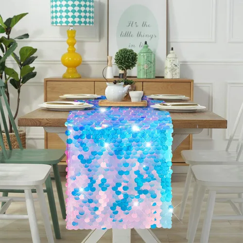 Vista 5 de Camino de mesa de escamas de cola de sirena de 12 x 84 pulgadas, cubierta de lentejuelas holográficas con purpurina para decoración y suministros