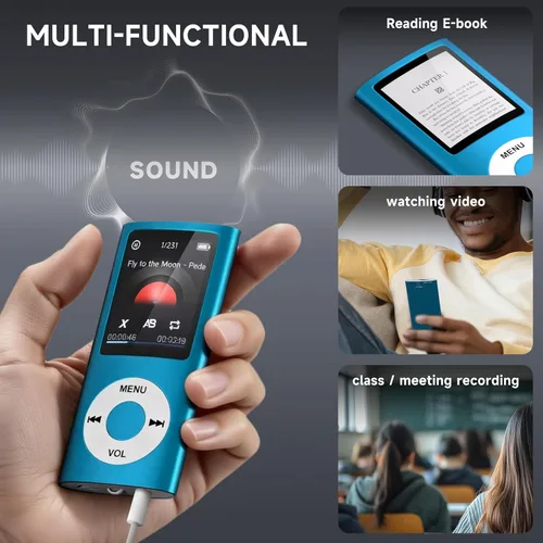 Vista 6 de Reproductor de MP3 con Bluetooth 5.2, reproductor de música portátil con tarjeta de memoria de 32 GB, auriculares estéreo, grabadora de voz, video
