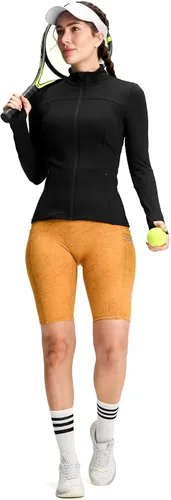 Vista 5 de QUEENIEKE Chaquetas de correr para mujer con cremallera, chaquetas atléticas ajustadas para entrenamiento, gimnasio, yoga, pista, con bolsillos