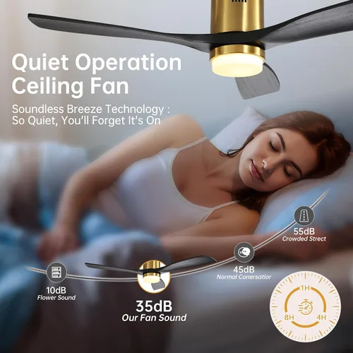 Vista 7 de CACI Mall Ventiladores de techo inteligentes de madera de 52 pulgadas con luces y control remoto, 3 cuchillas, perfil bajo, moderno, compatible