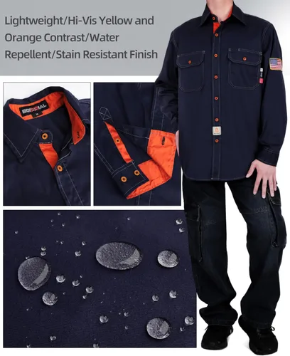 Vista 3 de BOCOMAL Camisas FR para hombre, resistentes al fuego, peso ligero, NFPA2112, camisa de soldadura ignífuga, acabado repelente al agua y al aceite
