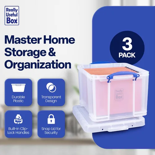 Vista 2 de Really Useful Box Paquete de 3 contenedores de almacenamiento de plástico transparente con tapas y asas de clip, 32 litros - Contenedores
