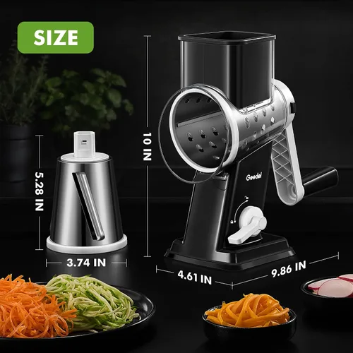 Vista 9 de Geedel Rallador rotativo de queso, triturador de verduras mejorado con 4 cuchillas intercambiables, triturador de queso fácil de limpiar con asa