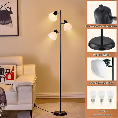 Vista 4 de Lámpara de pie moderna estilo árbol para sala de estar y dormitorio, lámpara de pie alta con 3 cabezales ajustables y giratorios para oficina