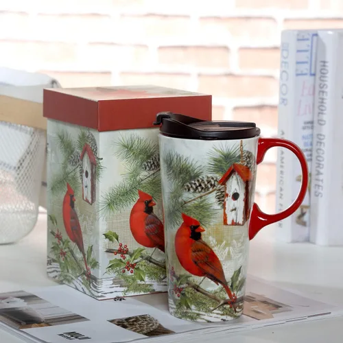 Vista 3 de Topadorn Taza de viaje de cerámica de Navidad, taza de café con leche con tapa y caja de regalo para vacaciones, 17 onzas