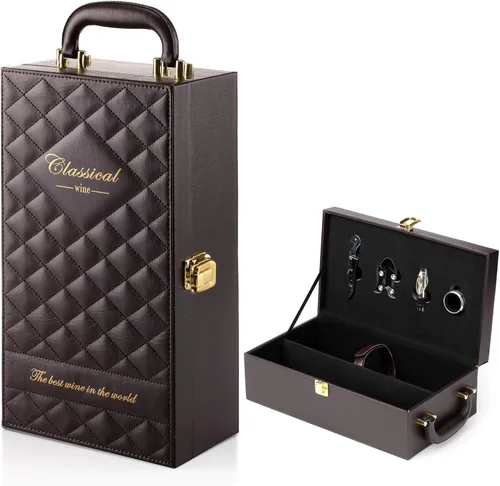 Vista 7 de Caja de vino, 2 botellas de cuero sintético con asa superior para vino con 4 accesorios