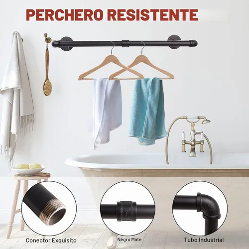 Vista 2 de Perchero de ropa montado en la pared de 36" con tubo industrial, organizador de ropa negro de hierro resistente que ahorra espacio, barra