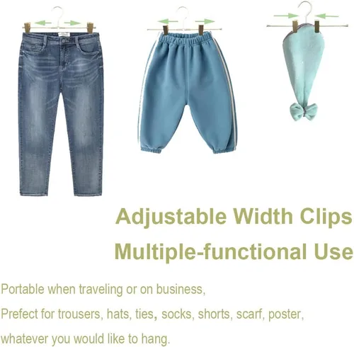 Vista 4 de Percha para pantalones, perchas de aluminio dorado para faldas, 2 clips ajustables, perchas de ropa resistentes que ahorran espacio, percha duradera
