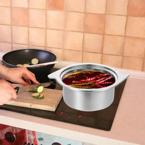 Vista 9 de HEMOTON Shabu Hot Pot Acero Inoxidable Chino Inducción Shabu Olla Tazones de sopa Stock para estufa de inducción Estufa de Gas (Plata) 24X19X8CM
