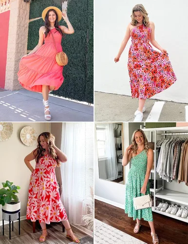 Vista 7 de ZESICA - Vestido largo de verano bohemio con estampado floral de un hombro sin mangas fruncido con volantes y volantes para la playa