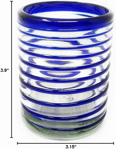 Vista 8 de Dos Sueños Vasos mexicanos soplados a mano, juego de 6 vasos con diseño de espiral azul (10 onzas cada uno)
