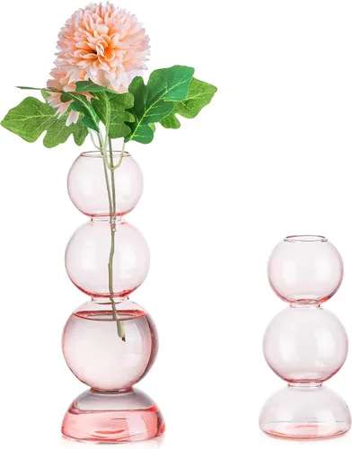 Vista 9 de Glasseam Juego de 2 jarrones de flores únicos, bonitos jarrones pequeños de vidrio para flores, jarrones transparentes modernos para decoración