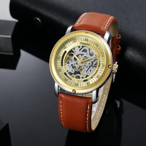 Vista 4 de TIME100 Relojes de pulsera mecánicos analógicos con esfera grabada hueca para hombre, Reloj mecánico de cuerda automática para hombre