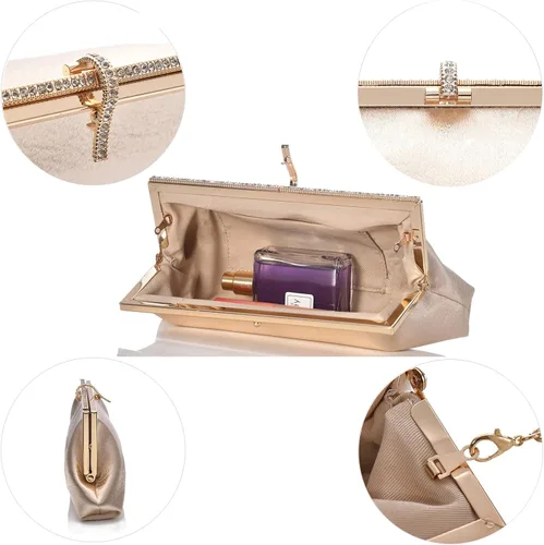 Vista 4 de Bolsa de embrague clásica de satén de lujo con elegante bolso cruzado con diamantes de imitación para boda novia graduación graduación