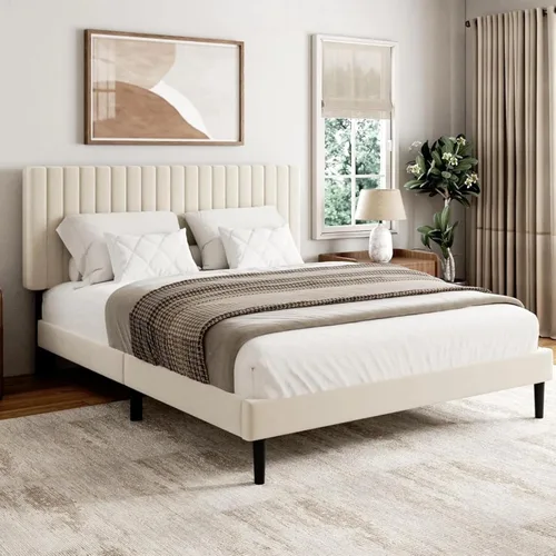 Vista 3 de Sismplly Armazón de cama tamaño completo con cabecera tapizada en terciopelo, cama de plataforma con listones de madera resistentes, base