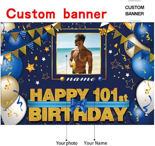 Vista 2 de Pancarta Personalizada de Decoraciones de Feliz Cumpleaños 101 - Telón de Fondo de 101 Años para Mujeres Hombres Niños Niñas Suministros de Fiesta