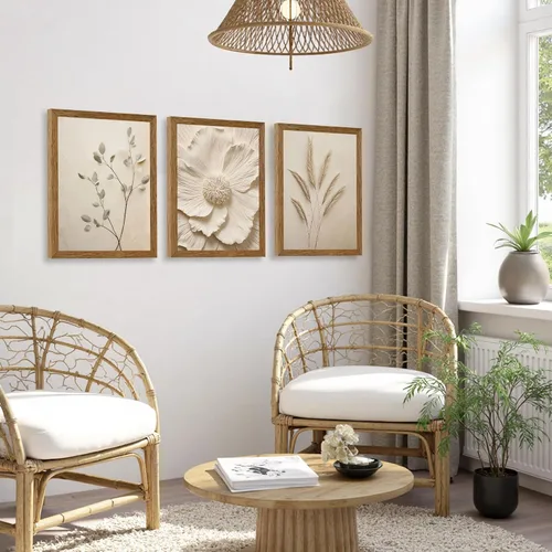 Vista 5 de JLTULT 3 piezas de arte de pared con flores en lienzo con marco, arte de pared de flores en tonos neutros y beige, arte de pared de flores
