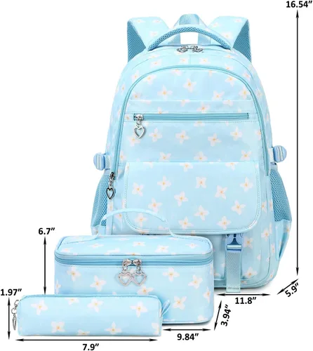 Vista 9 de Sugaroom Mochila escolar con lonchera para niñas adolescentes, Flor azul, Mochila floral con lonchera y bolsa para lápices