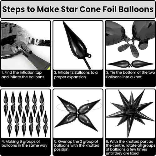 Vista 3 de Globos de papel de aluminio con forma de cono de estrella en explosión, negro, 20 pulgadas, para decoraciones de cumpleaños y graduaciones 2022, 50