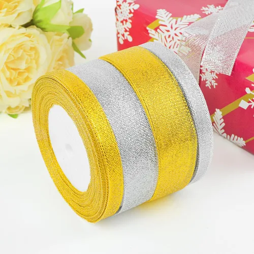 Vista 6 de Cinta de purpurina dorada de 1 pulgada x 25 yardas, cinta de tela metálica brillante para manualidades, envoltura de regalos, bodas, decoración